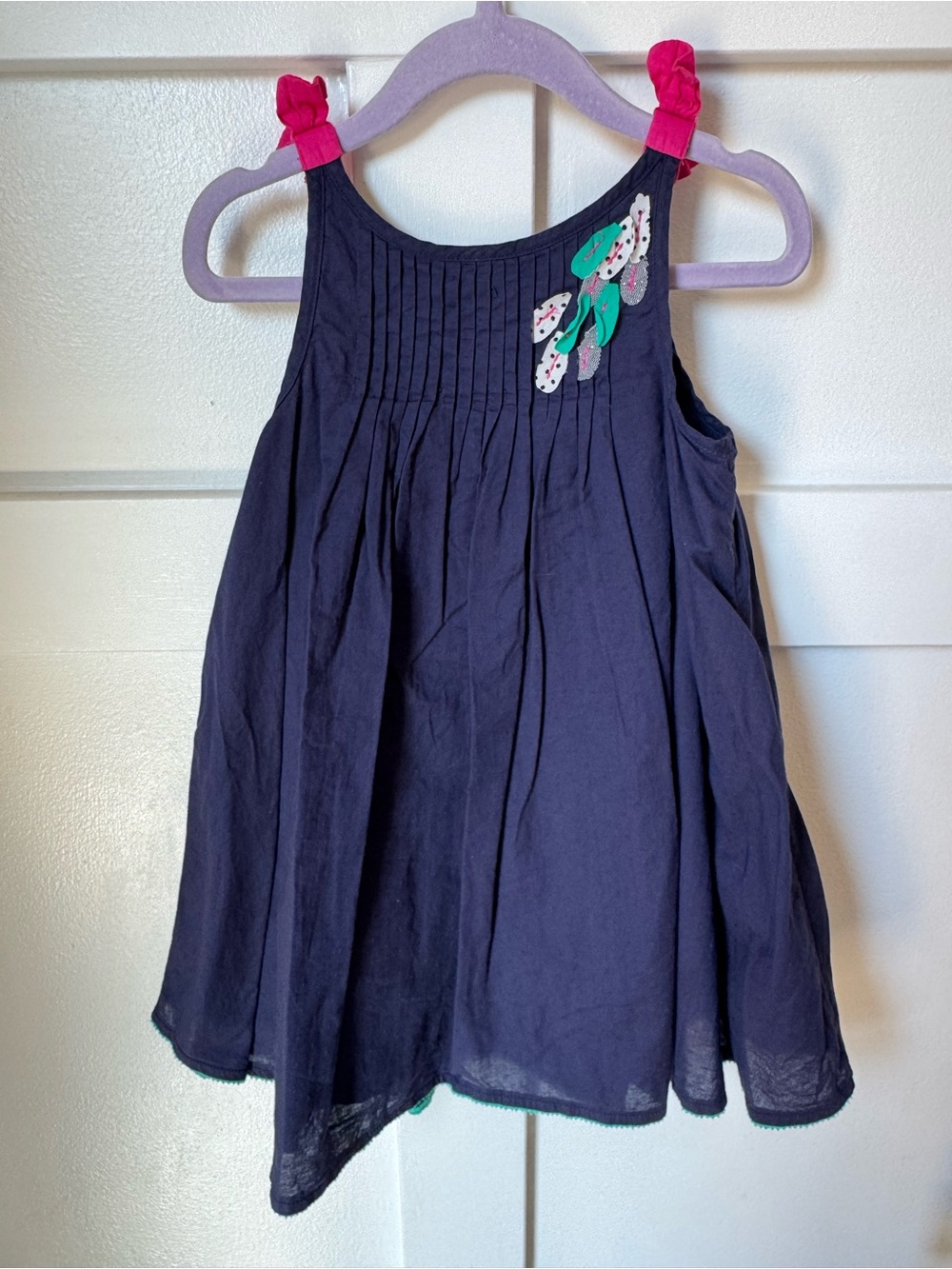 Catimini Navy Dress with Pink Shoulder Ties and Green Embroidery